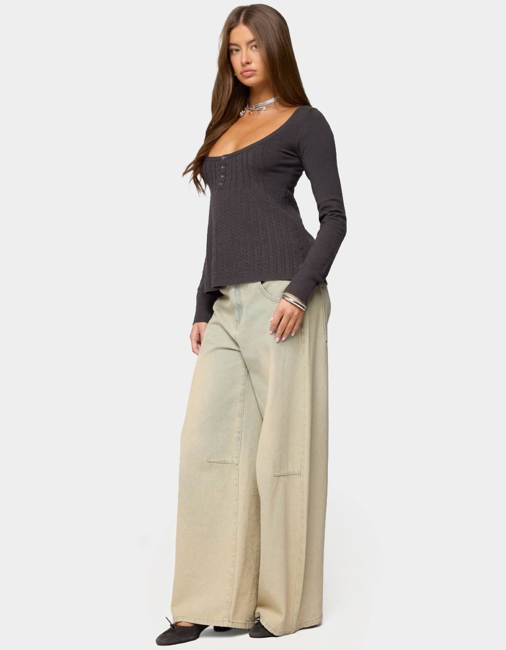 EDIKTED Jaylah Cable Knit Babydoll Top - GRAY