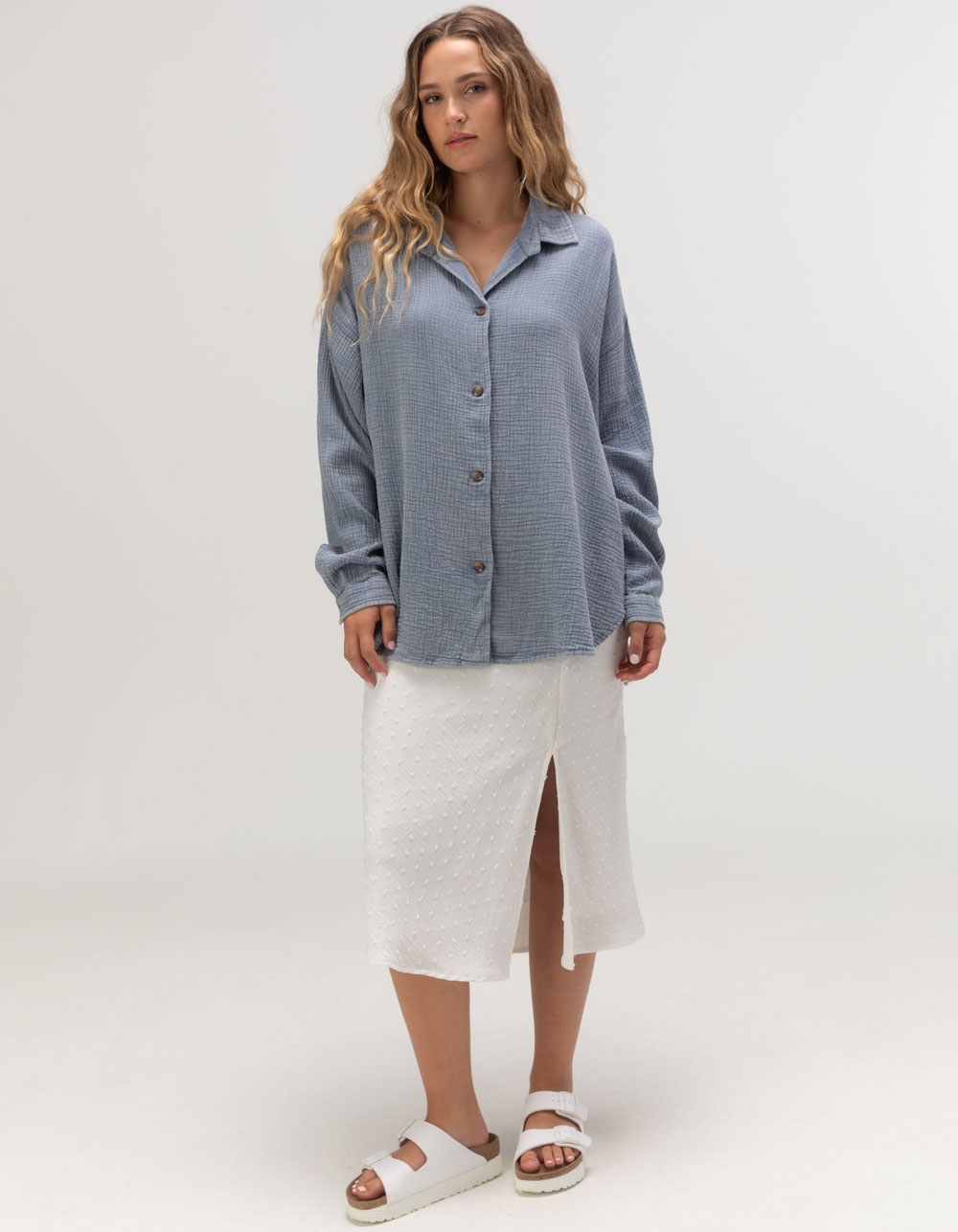 ROXY Morning Time Womens Long Sleeve Button Up Shirt - BLUE