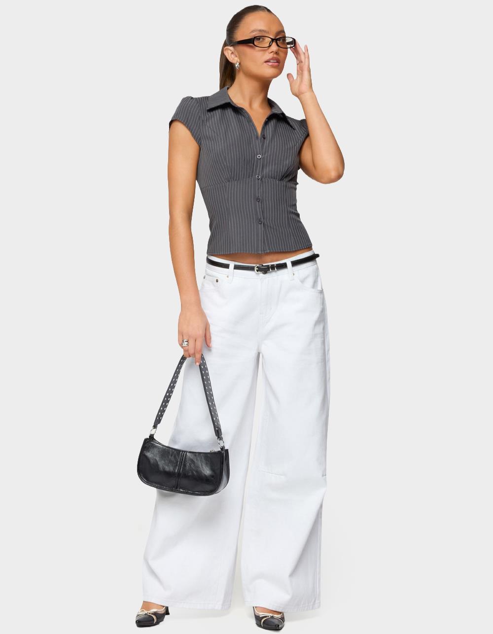 EDIKTED Juney Pinstripe Tailored Button Up Shirt - GRAY