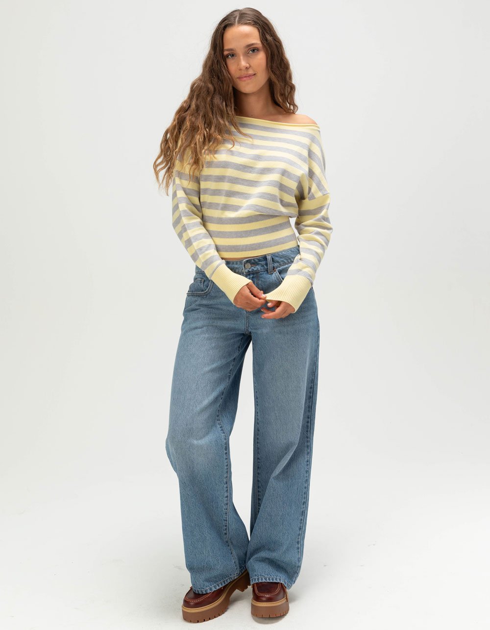 RSQ Womens Off The Shoulder Stripe High Rib Sweater - YELLOW COMBO