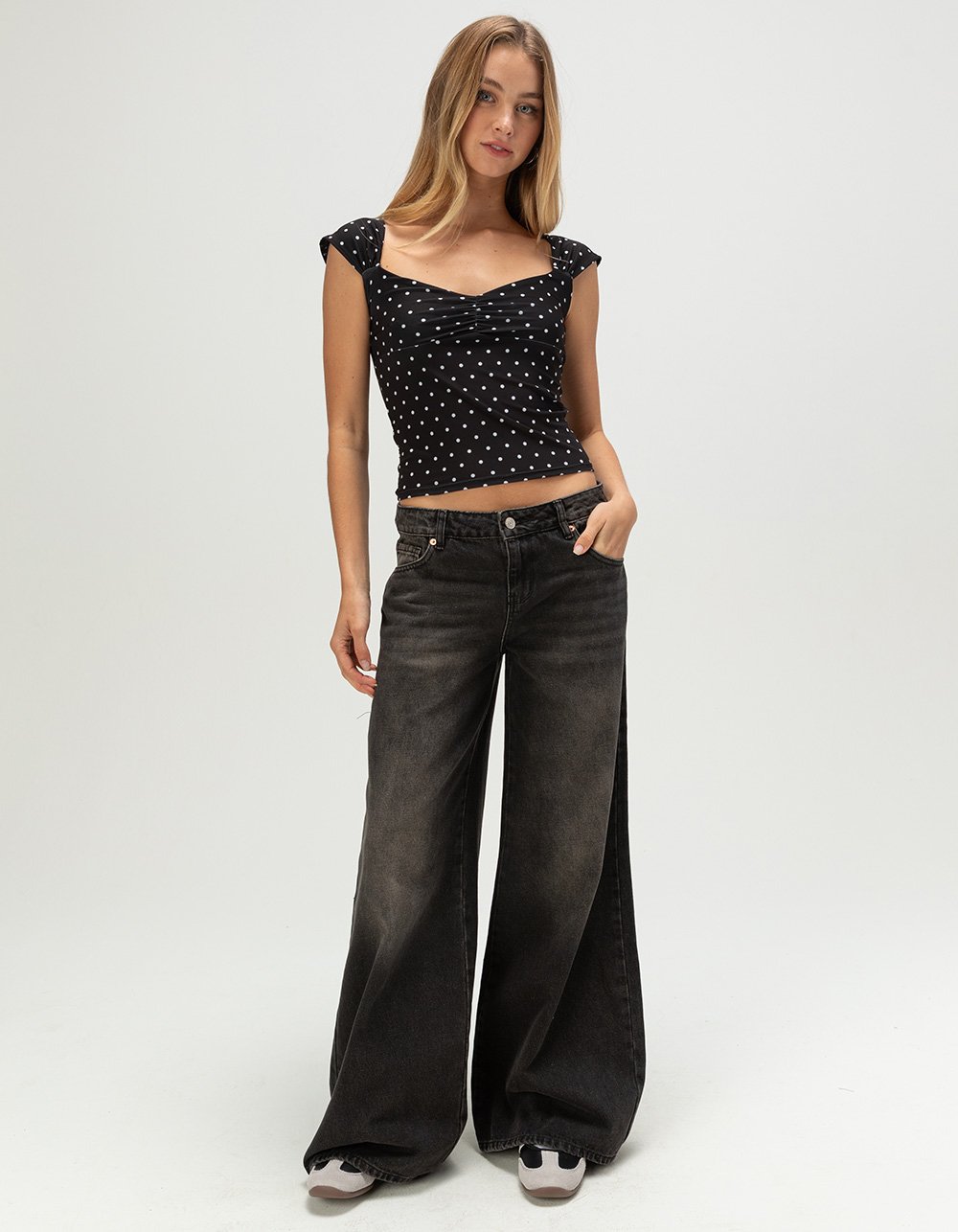 TILLYS Butter Soft Polka Dot Womens Cap Sleeve Cinch Front Top