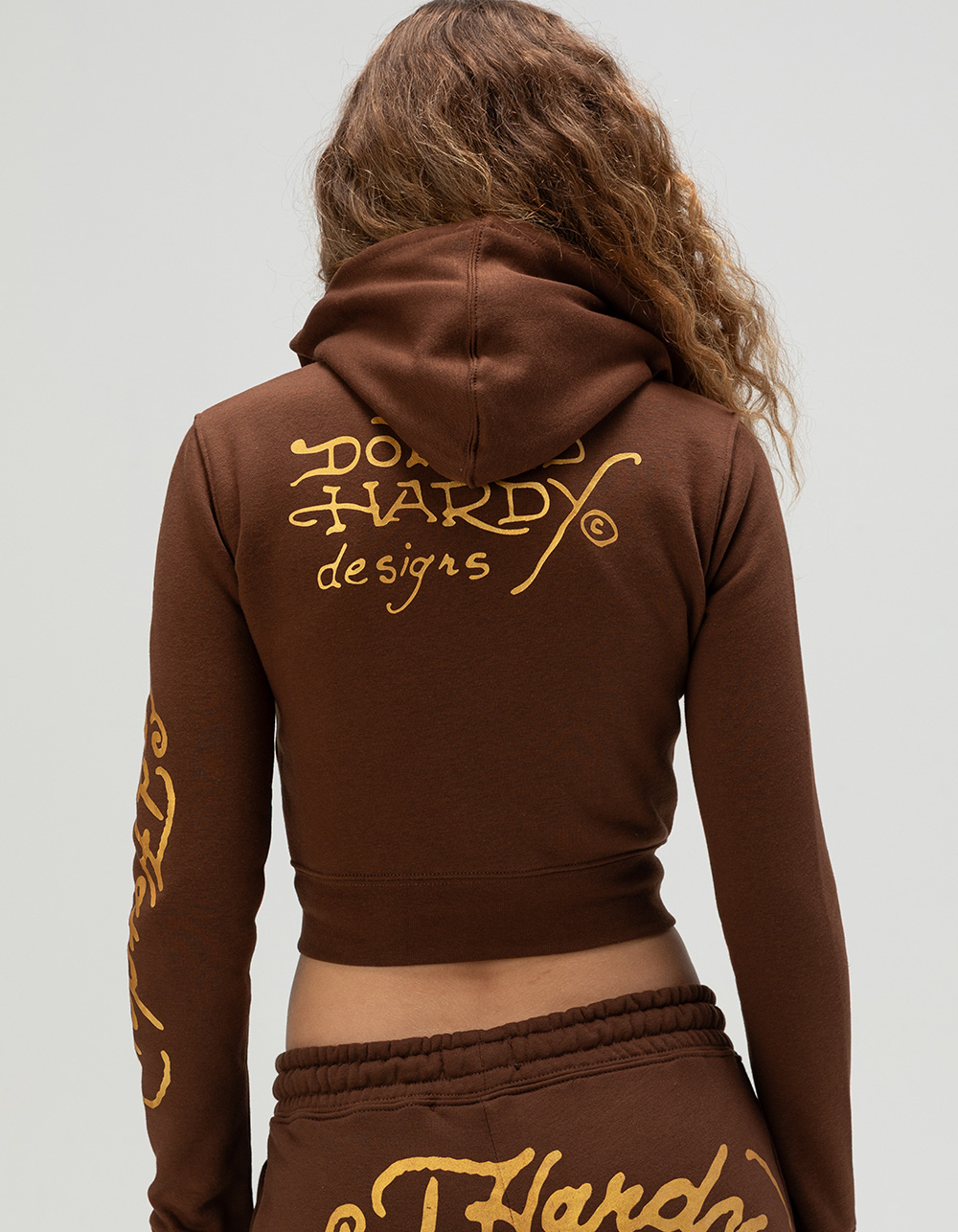 ED HARDY Koi Fish Womens Zip-Up Crop Hoodie - BROWN