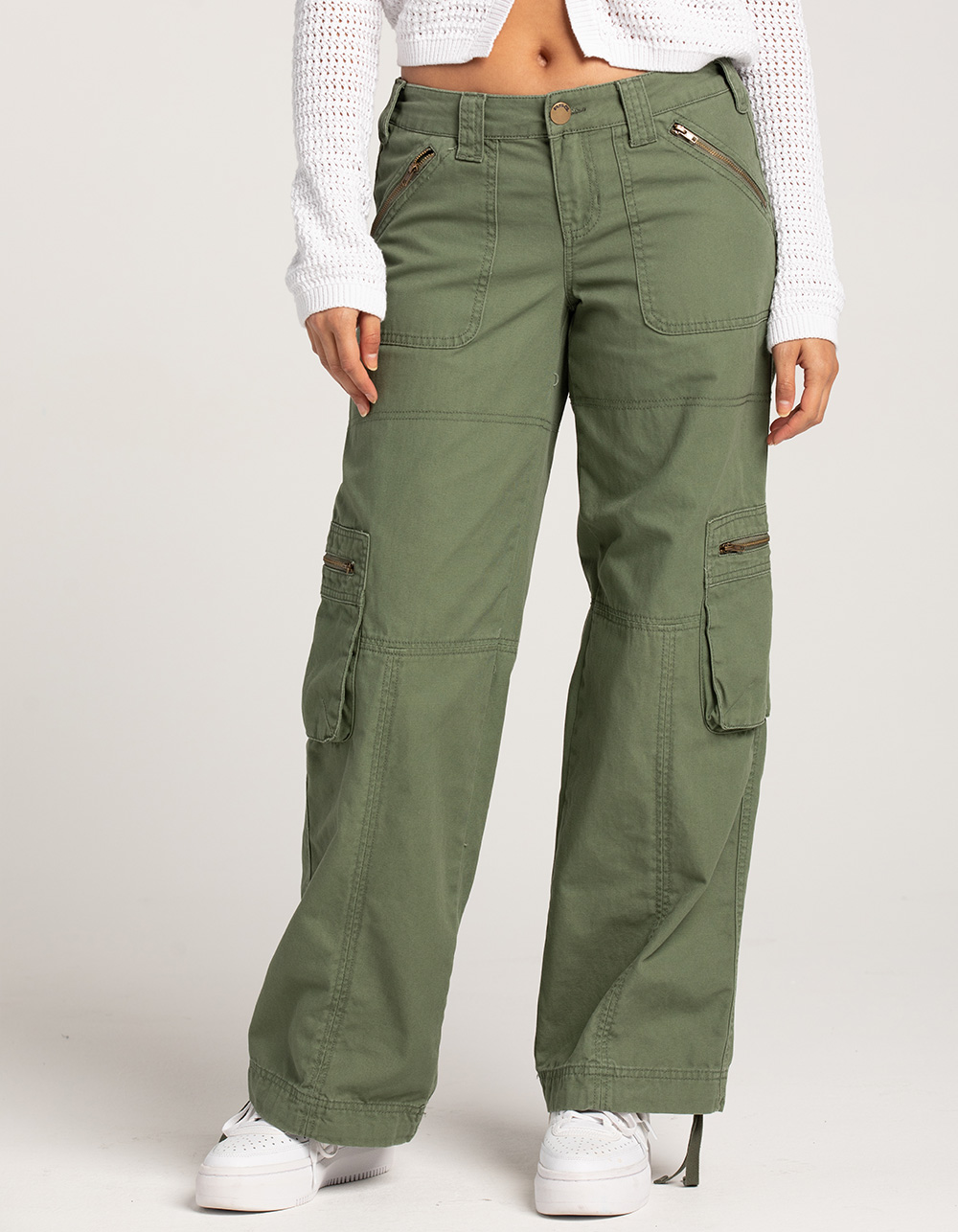 RSQ Womens Low Rise Overdye Cargo Zipper Pants - OLIVE | Tillys