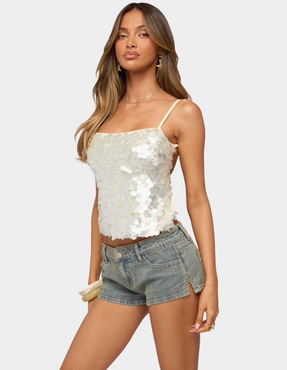 EDIKTED Macy Backless Sequin Top - BEIGE