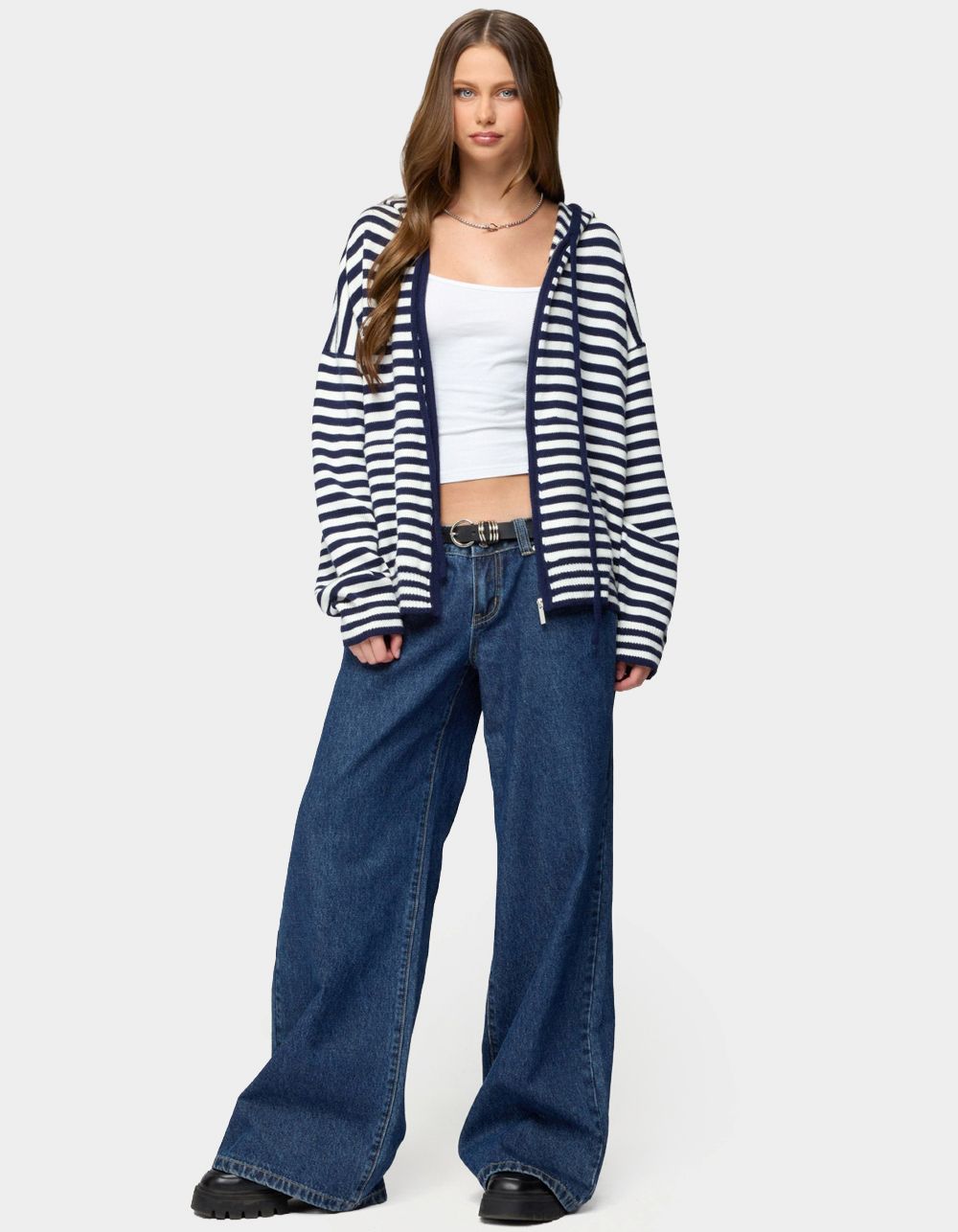 EDIKTED Safari Striped Knit Zip Up Hoodie - NAVY