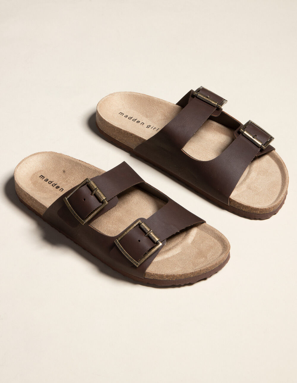 MADDEN GIRL Double Buckle Womens Chocolate Slide Sandals image number 0