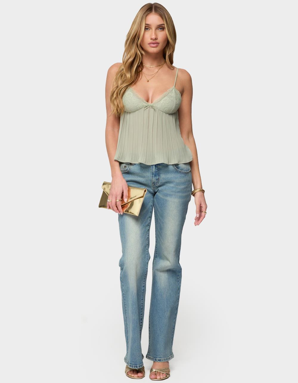 EDIKTED Rhian Lacey Pleated Babydoll Top - DK GREEN