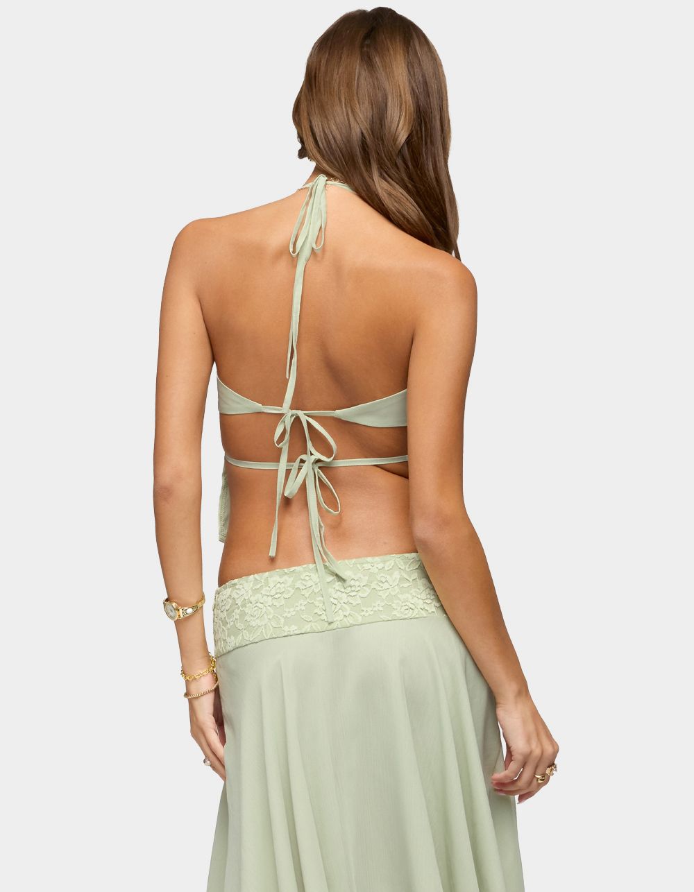 EDIKTED Evia Lacey Backless Halter Top - DK GREEN