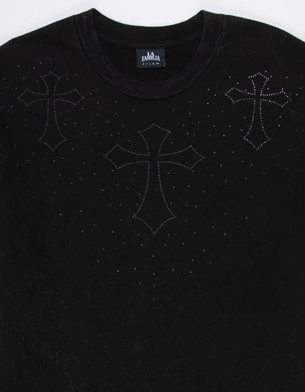 LA FAMILIA Crosses Mens Rhinestone Boxy Tee - WASHED BLACK