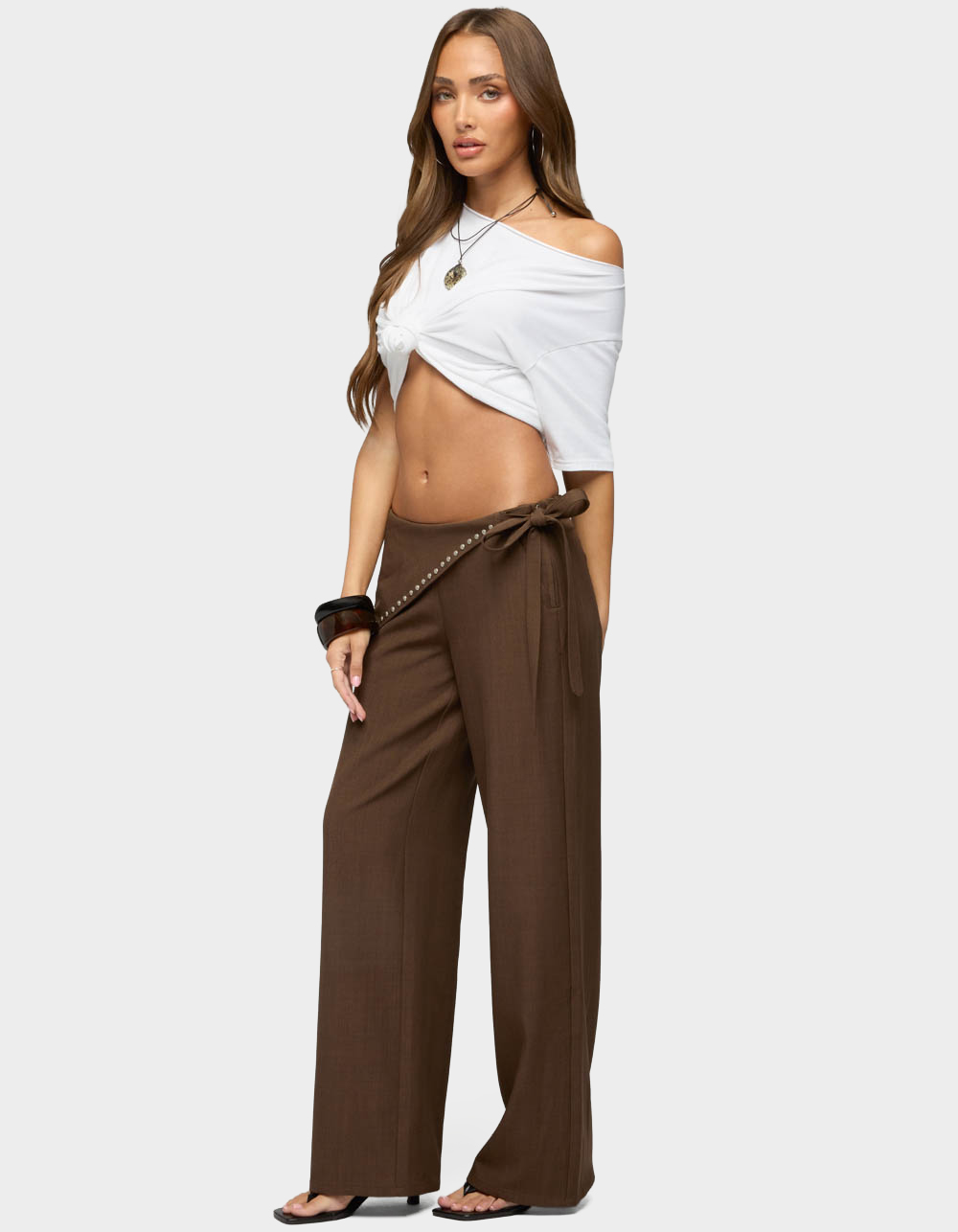 EDIKTED Avery Studded Foldover Straight Leg Pants - BROWN