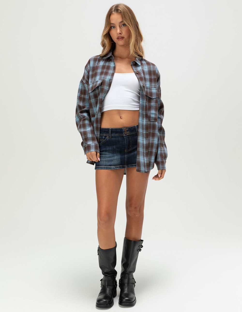 ACOA Womens Oversized Flannel - BROWN/BLUE