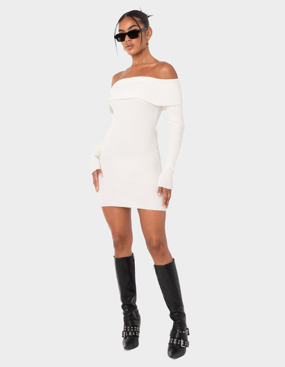 EDIKTED Emma Foldover Knitted Dress - WHITE
