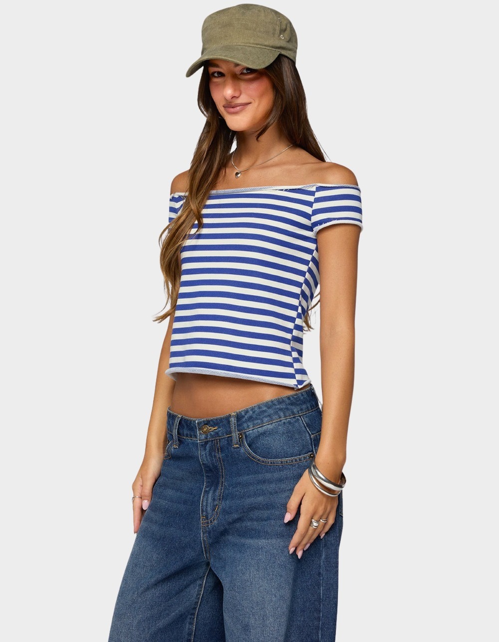 EDIKTED French Terry Striped Off Shoulder Top - LIGHT BLUE