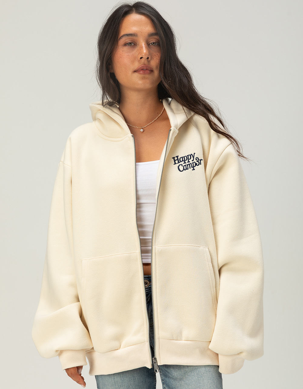 HAPPY CAMP3R The World Is Better Womens Zip-Up Hoodie - CREAM