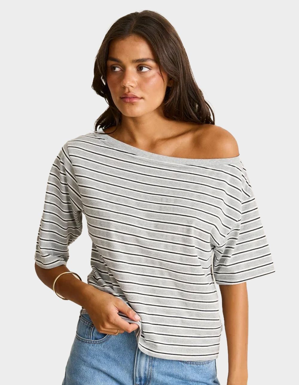RHYTHM Sound Of Change Womens Off The Shoulder Tee - GRAY