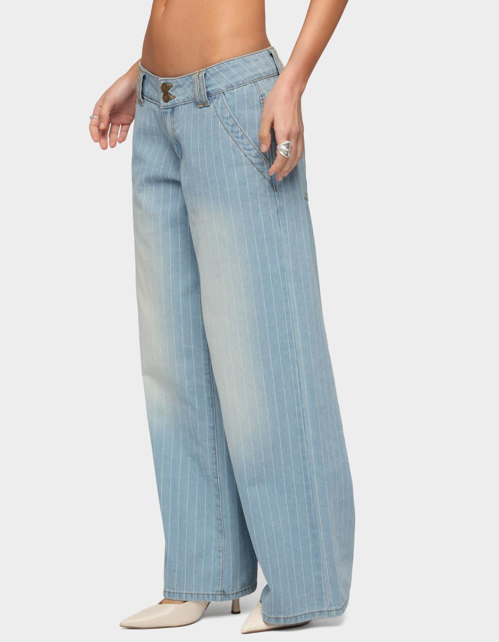 EDIKTED Petite Cory Striped Low Rise Baggy Jeans - LIGHT BLUE