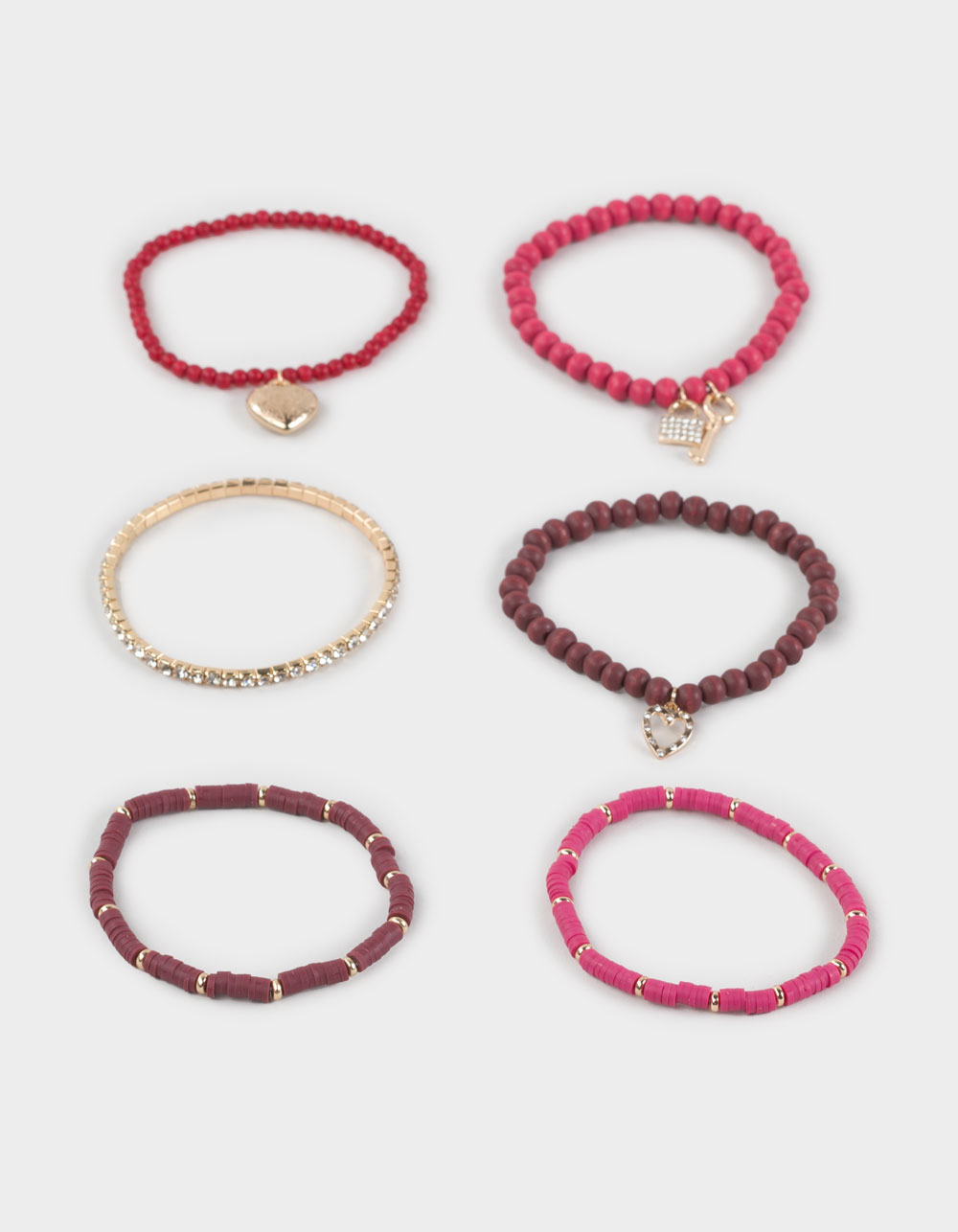 FULL TILT 6 Pack Beaded/Heart/Locket/Key Chain Bracelet - PINK