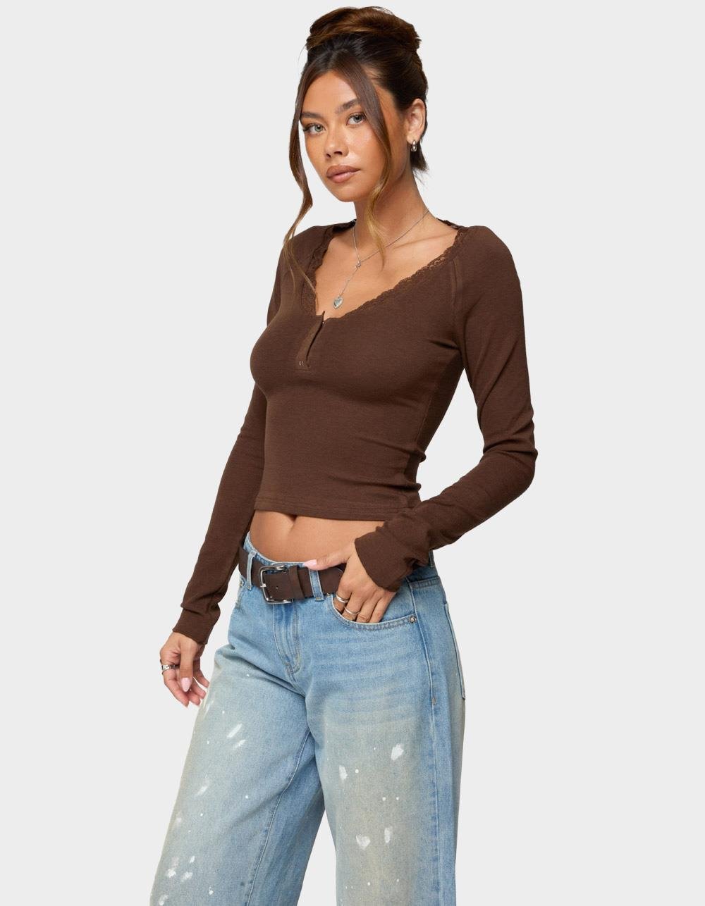 EDIKTED Shanah Lacey Henley Top - BROWN