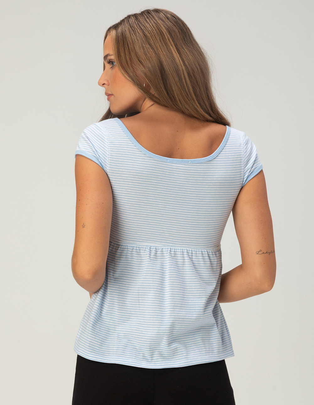 FULL TILT Embroidered Stripe Womens Babydoll Top - BLUE COMBO