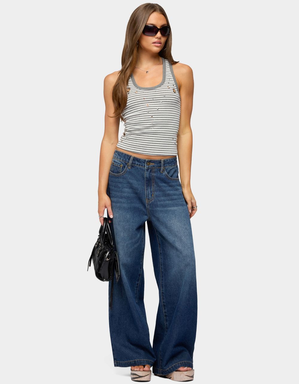 EDIKTED Sindy Grommet & Stud Striped Tank Top - GRAY