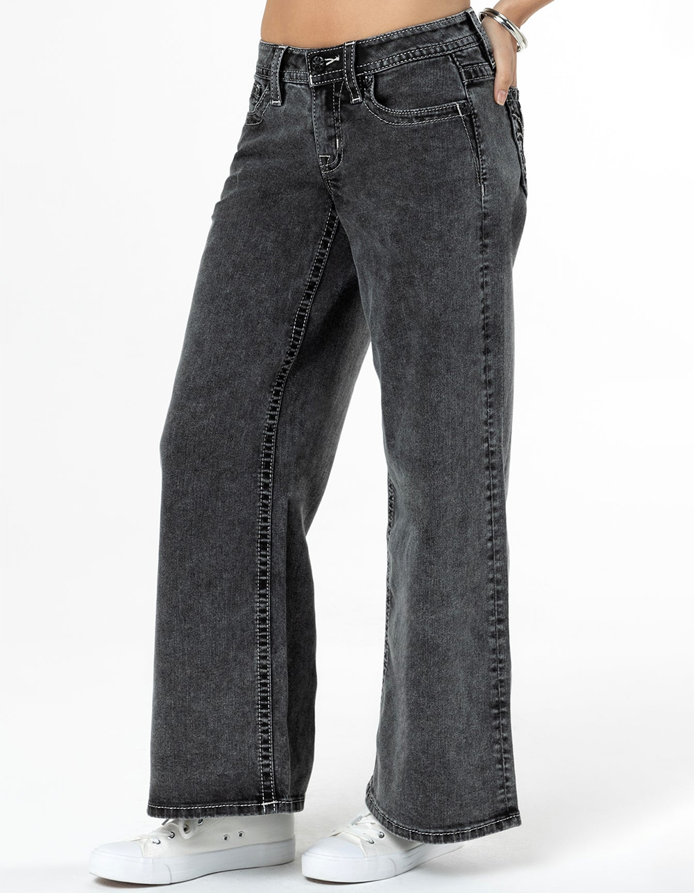 MISS ME Fleur Womens Mid Rise Wide Leg Jeans - WASHED BLACK