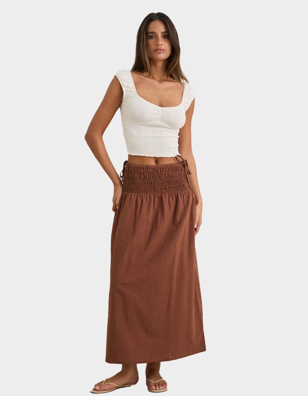 RHYTHM Alana Womens Tie Side Maxi Skirt - BROWN