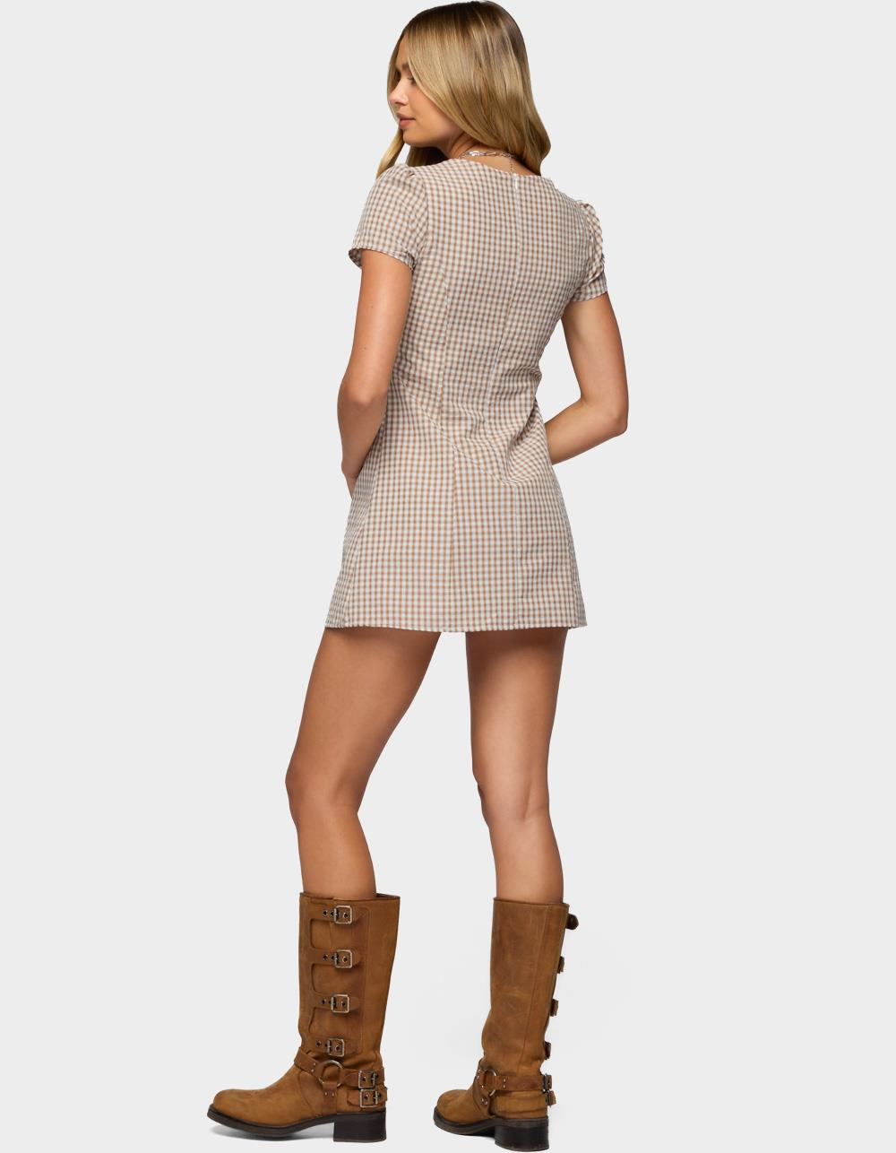 EDIKTED Arli Gingham Button Up Romper - BROWN