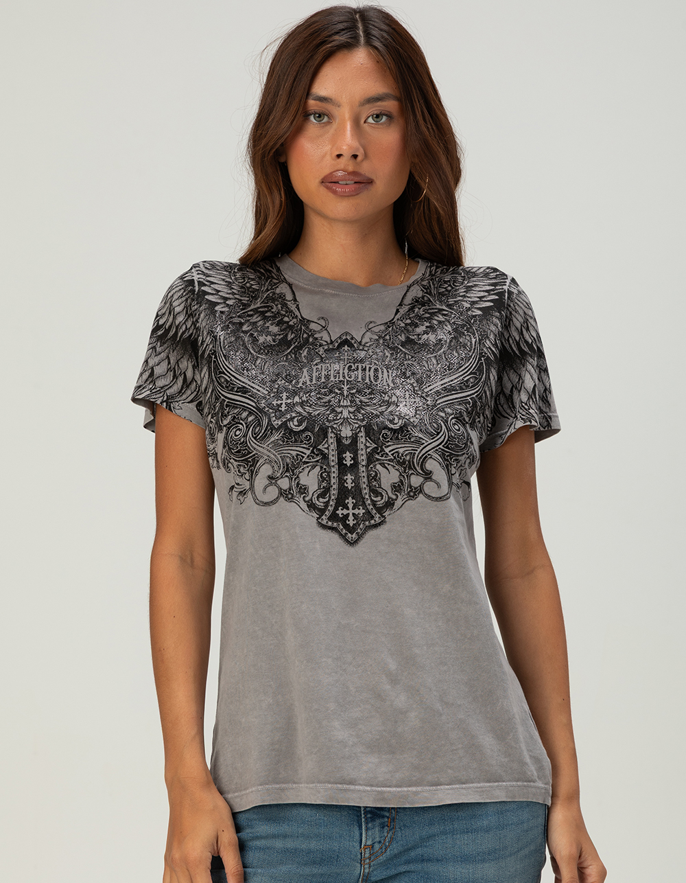 AFFLICTION Aristocrat Womens Lace-Up Back Tee - GRAY