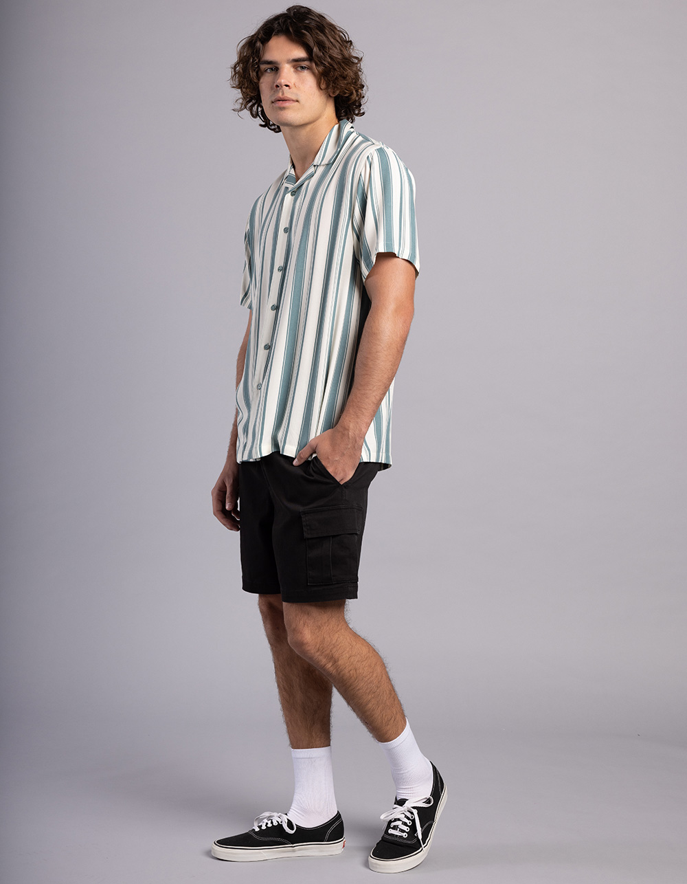 RSQ Mens Simple Stripe Button Up Shirt - PINE