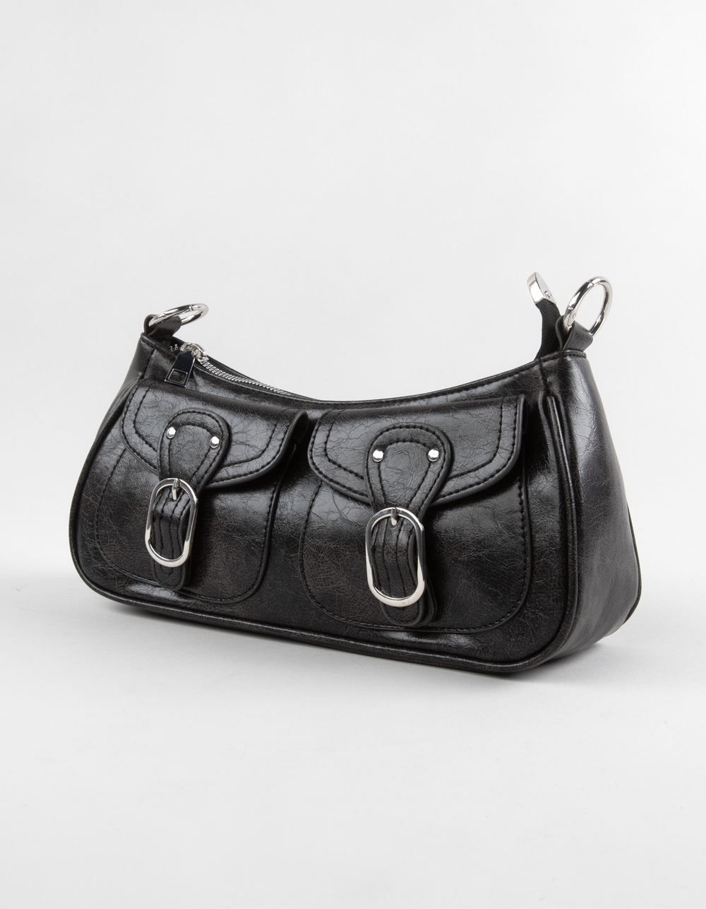 Faux Leather Buckle Shoulder Bag - WASHED BLACK