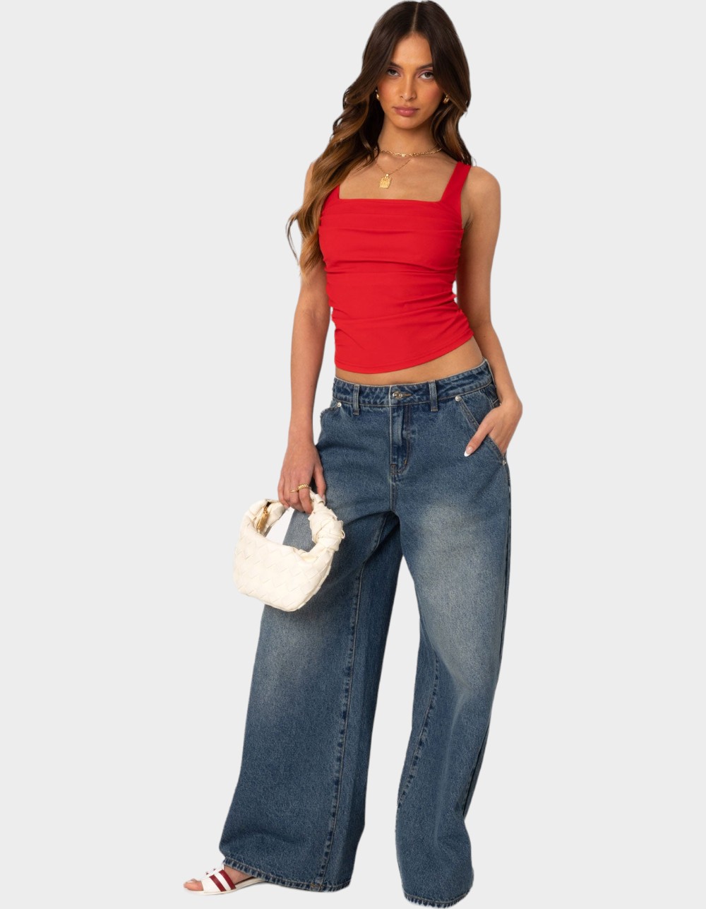 EDIKTED Rio Ruched Square Neck Top - RED