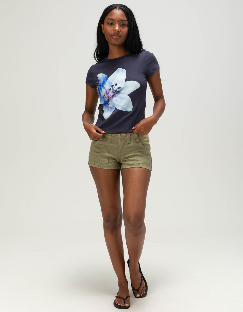 FULL TILT Beaded Flower Womens Baby Tee - NAVY