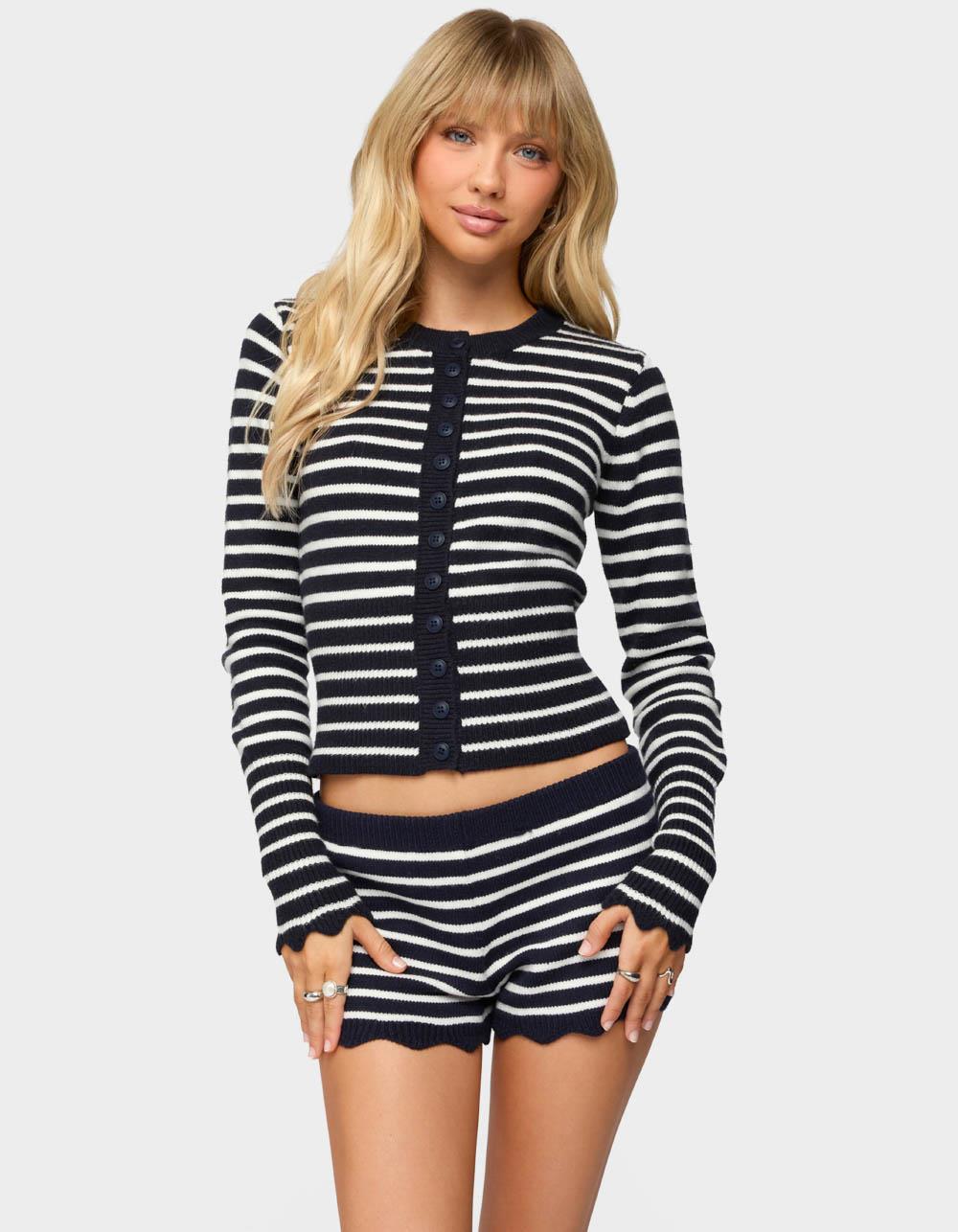EDIKTED Soren Contrast Striped Knit Cardigan - NAVY