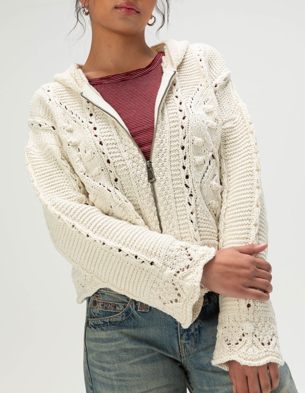 BDG Urban Outfitters Crochet Womens Zip-Up Hoodie - CREAM