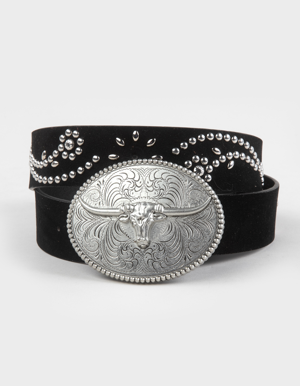 Longhorn Faux Suede Stud Belt - BLACK