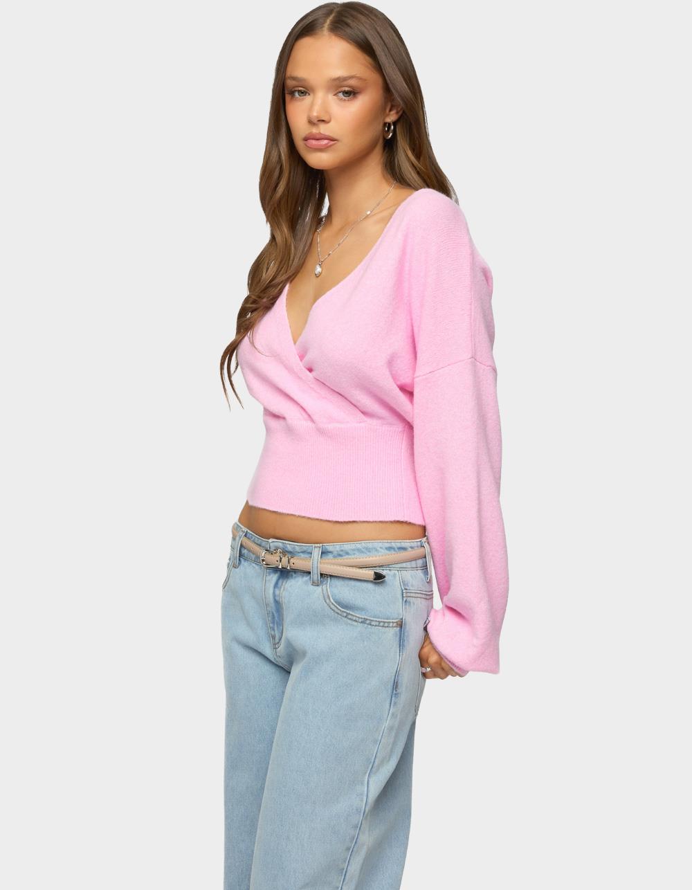 EDIKTED Lillia V-Neck Wrap Sweater - PINK