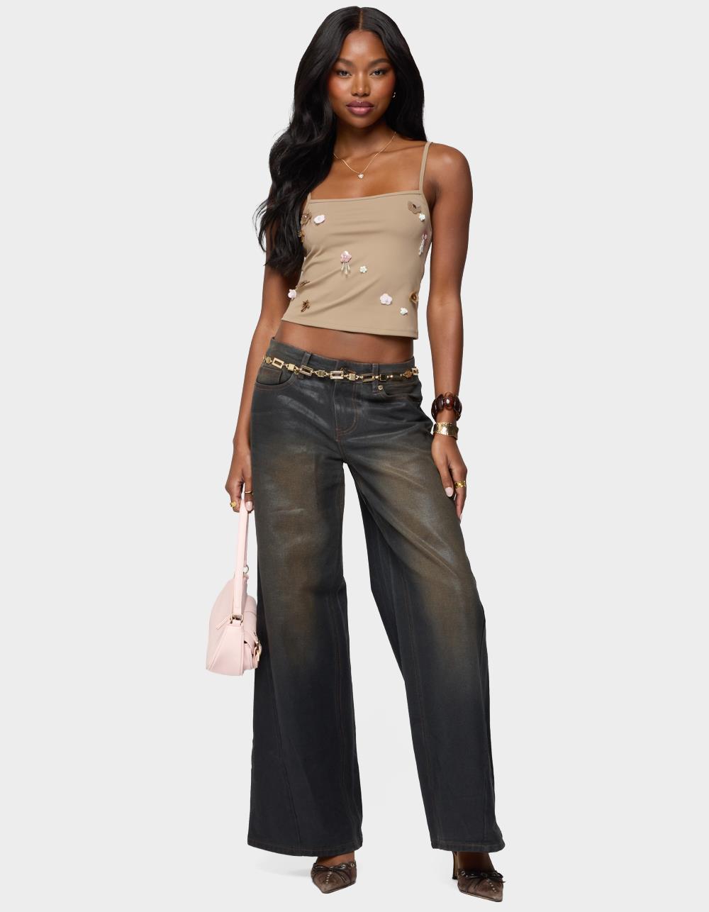 EDIKTED Malia Flower Applique Tank Top - BROWN