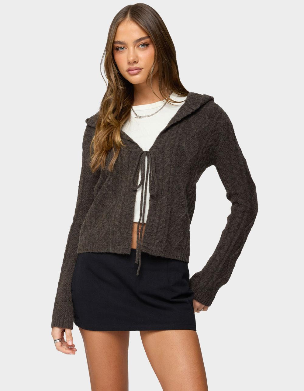 EDIKTED Jayla Hooded Cable Knit Cardigan - BROWN
