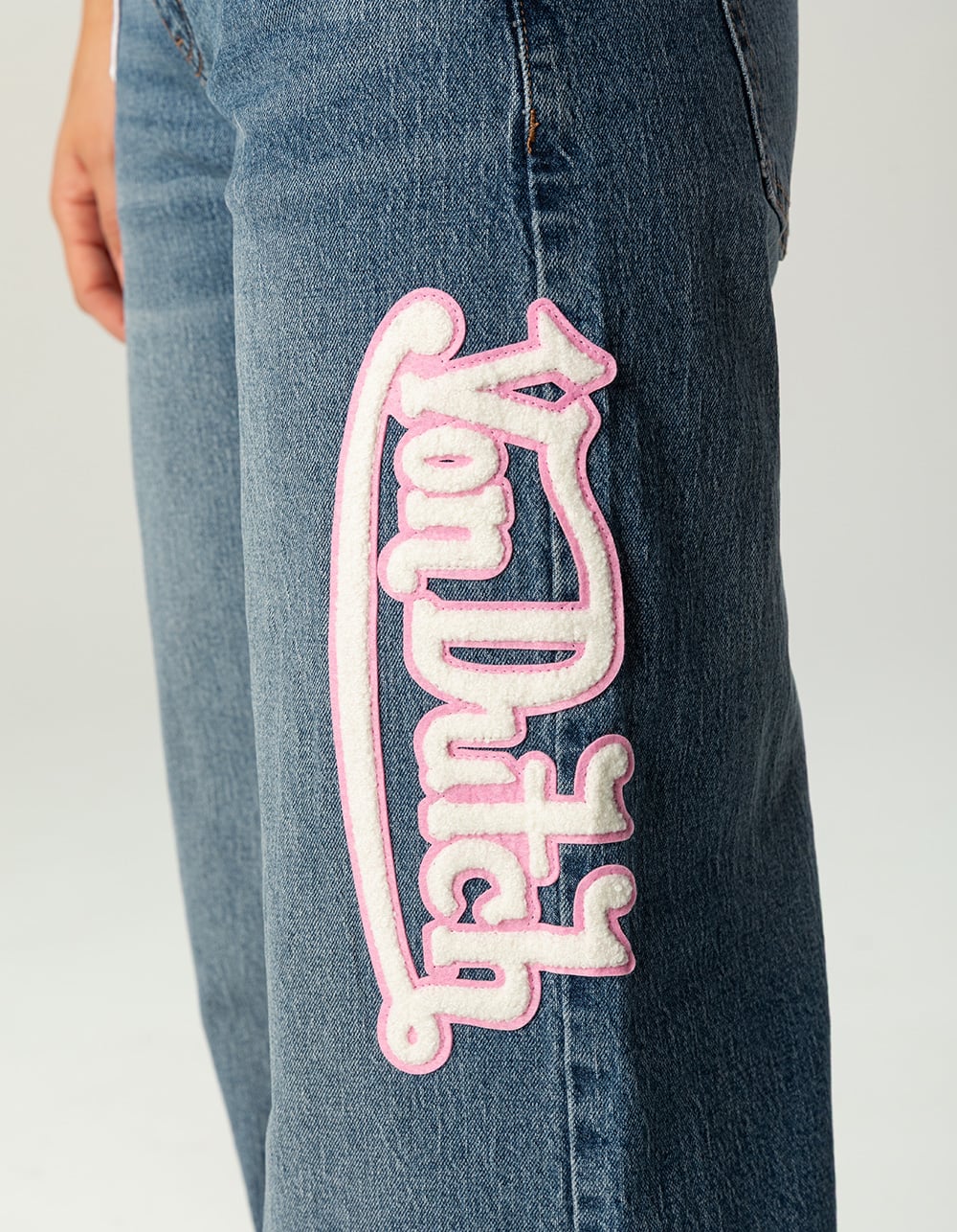 VON DUTCH Womens Mid Rise Wide Leg Jeans - MEDIUM WASH