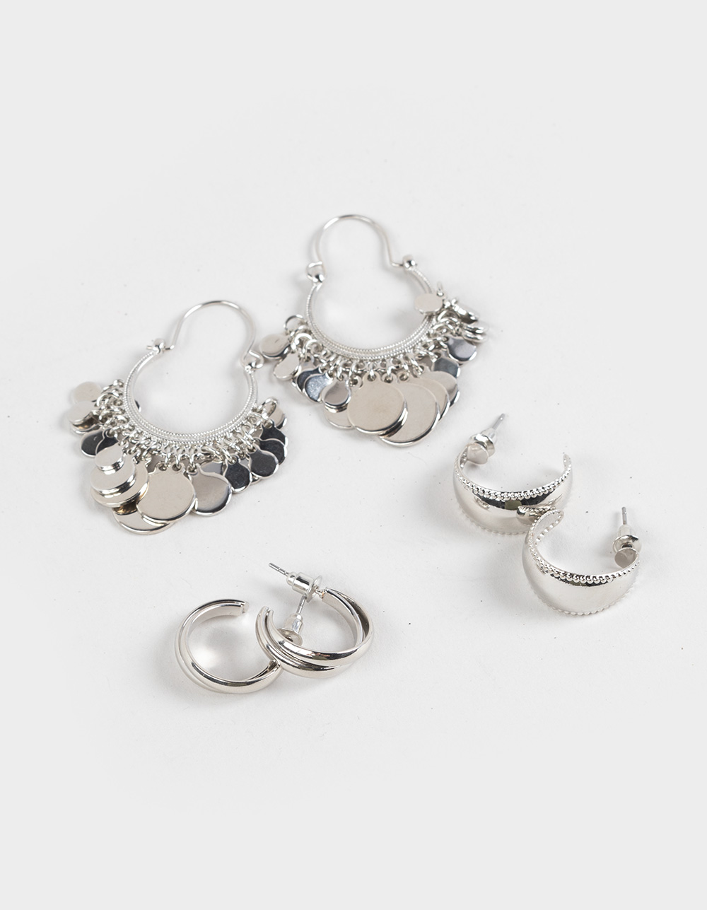 FULL TILT 3 Pack Boho/Coin Hoop Earrings - SILVER