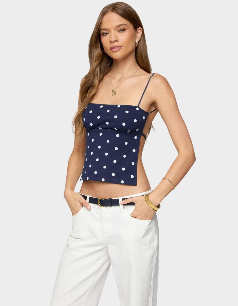 EDIKTED Jinx Polka Dot Open-Back Top - NAVY