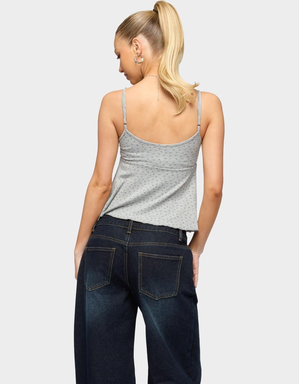 EDIKTED Kelli Floral Babydoll Tank Top - GRAY