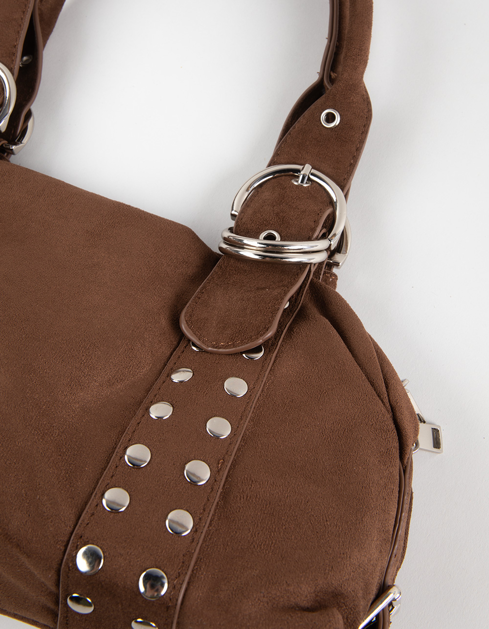 Studded Faux Suede Shoulder Bag  - DARK BROWN