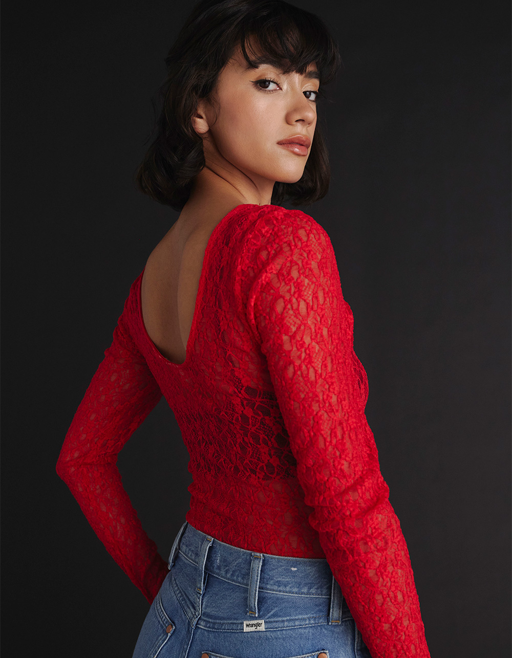 JJXX Leah Womens Long Sleeve Lace Top - RED