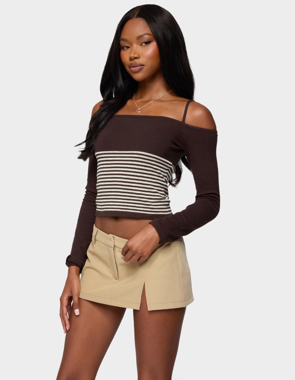 EDIKTED Darya Striped Off Shoulder Knit Top - BROWN