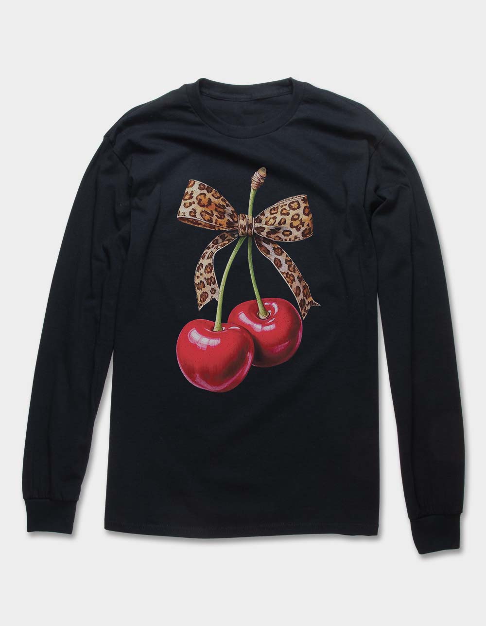 CHERRIES Leopard Bow Unisex Long Sleeve Tee - BLACK