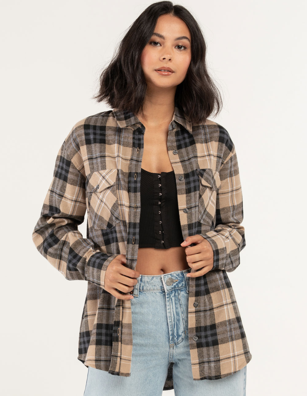 RSQ Easy Check Womens Oversized Flannel - TAN | Tillys