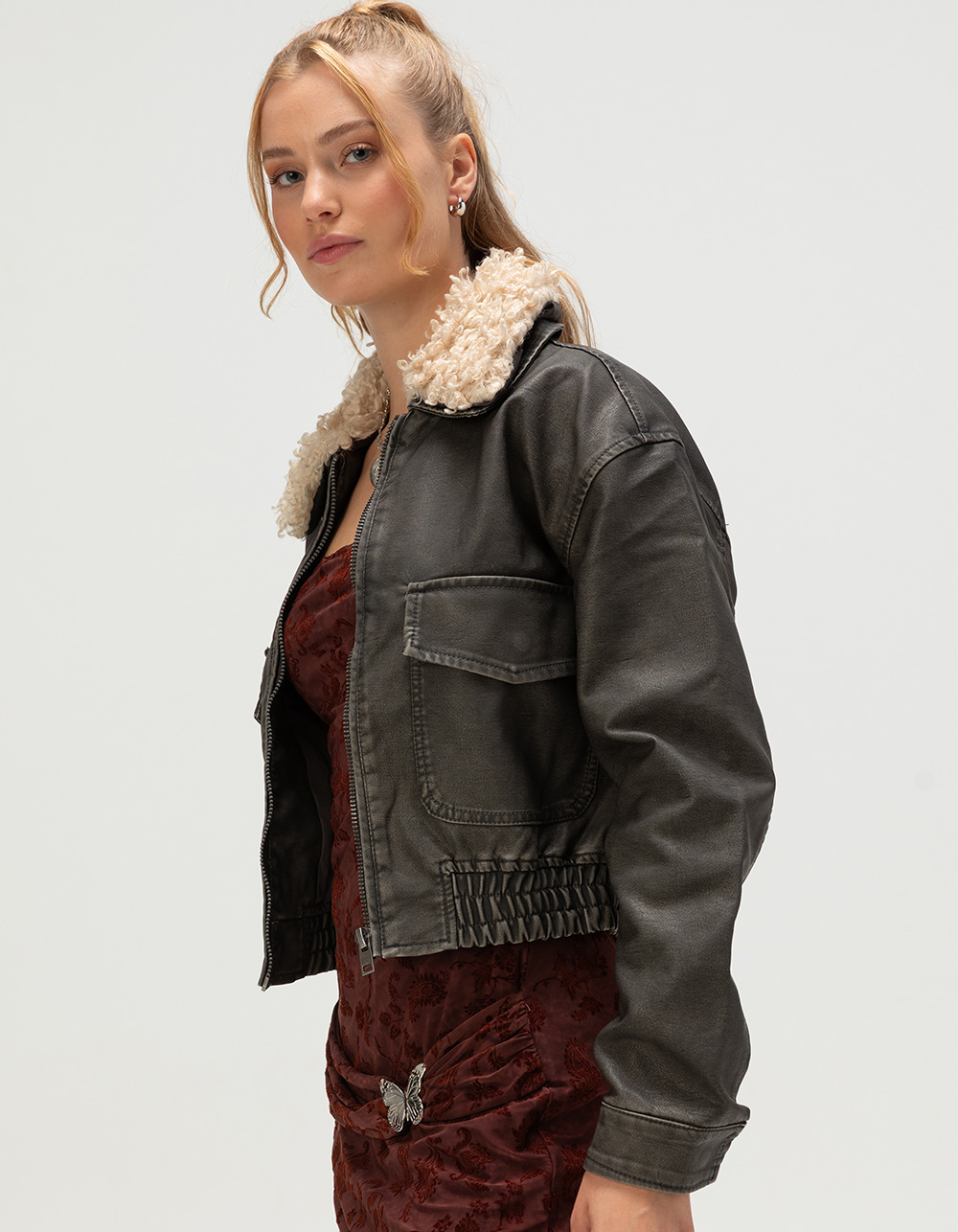 WEST OF MELROSE Womens Sherpa Collar Crop Faux Leather Jacket - BROWN
