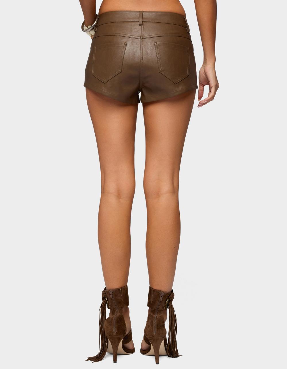 EDIKTED Mid Rise Faux Leather Micro Shorts - BROWN