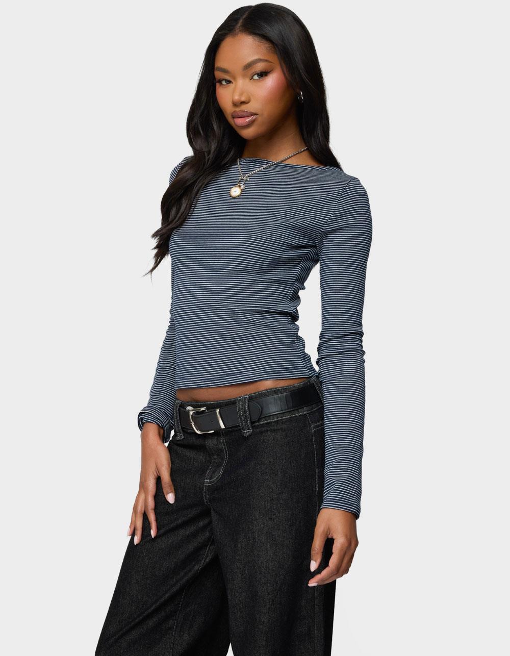 EDIKTED Loria Striped Boat Neck Top - NAVY